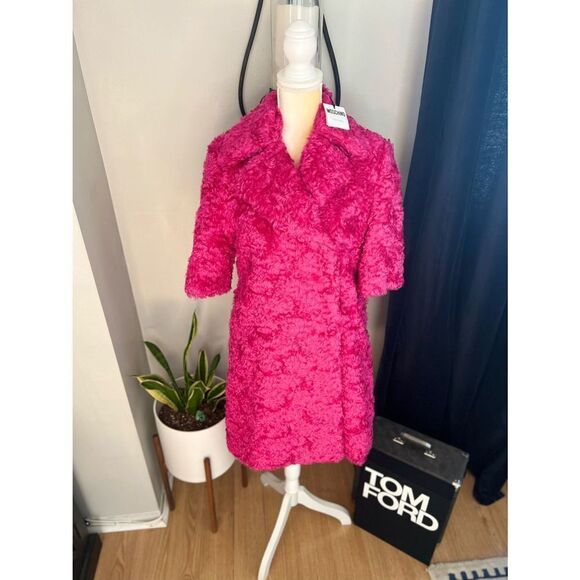 MOSCHINO COUTURE Long Faux Teddy Fur Jacket, Italian, FUCHSIA, Size 4, NWT - Picture 2 of 13
